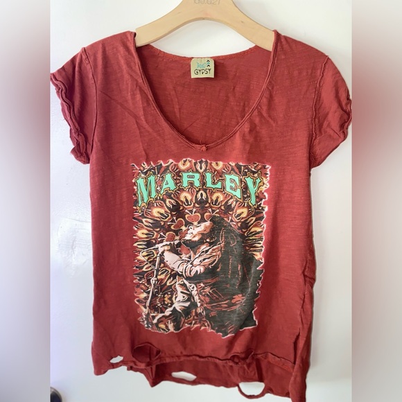 BOHO Vintage Jaded Gypsy Women's Rust Red Bob Marley Graphic Band Tee - Picture 1 of 13